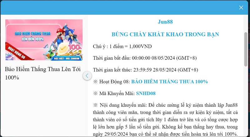 Bảo Hiểm Thắng Thua 100% Độc Quyền Cho Hội Viên Jun88